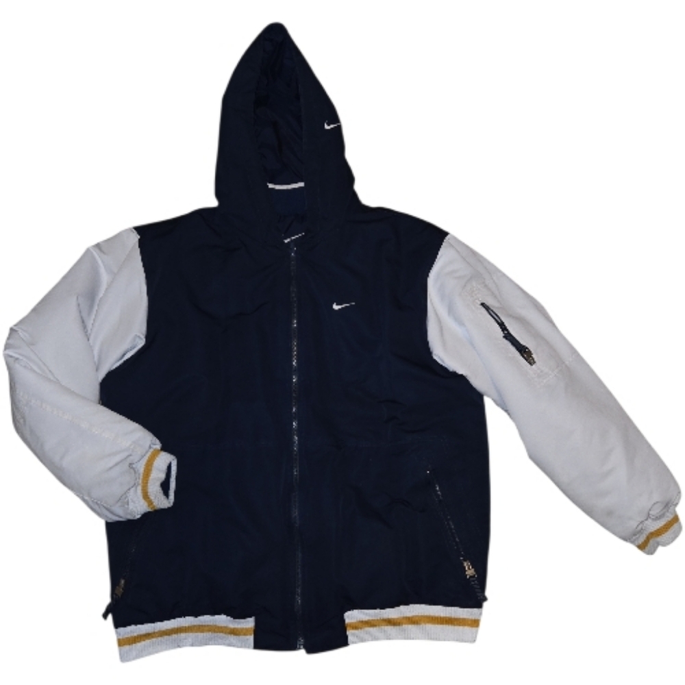 Y2K Nike Men's REVERSIBLE Navy Blue and White Varsity Puffer Jacket Size L